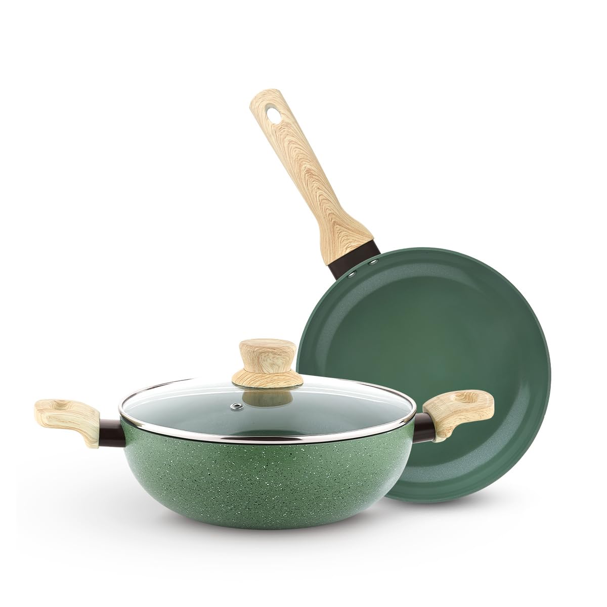 Bergner Greenfield Non-Stick 3 Pcs Cookware Set – 24cm (2.5 L) Kadai with Glass Lid and 24cm Frypan, Ceramic Coating, Quick & Even Heat Distribution – Induction Bottom, for Diwali/Anniversary Gifting