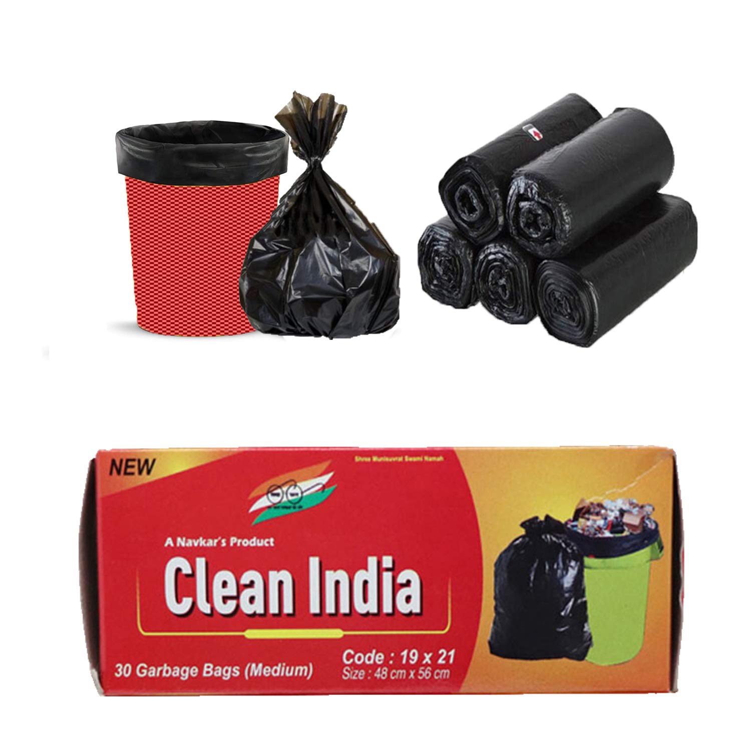 C I Clean India Garbage Bags Pack of 3 – Premium Eco Friendly- Biodegradable (Black , Medium, Size 48 cm x 56 cm , 90 Bags)