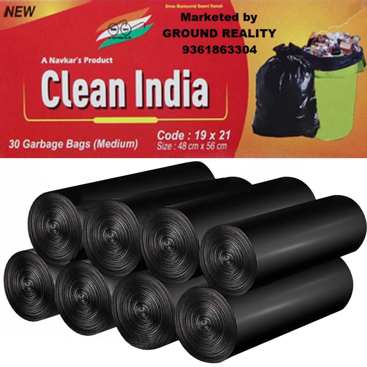 Clean India Garbage Bags Biodegradable Eco-Friendly Medium Size 48x53cm / 19×21 inch Trash Dustbin Garbage Bag For Home Kitchen Office Dry & Wet waste with Detachable Drawstring (1 Pack 30 Pcs Black)