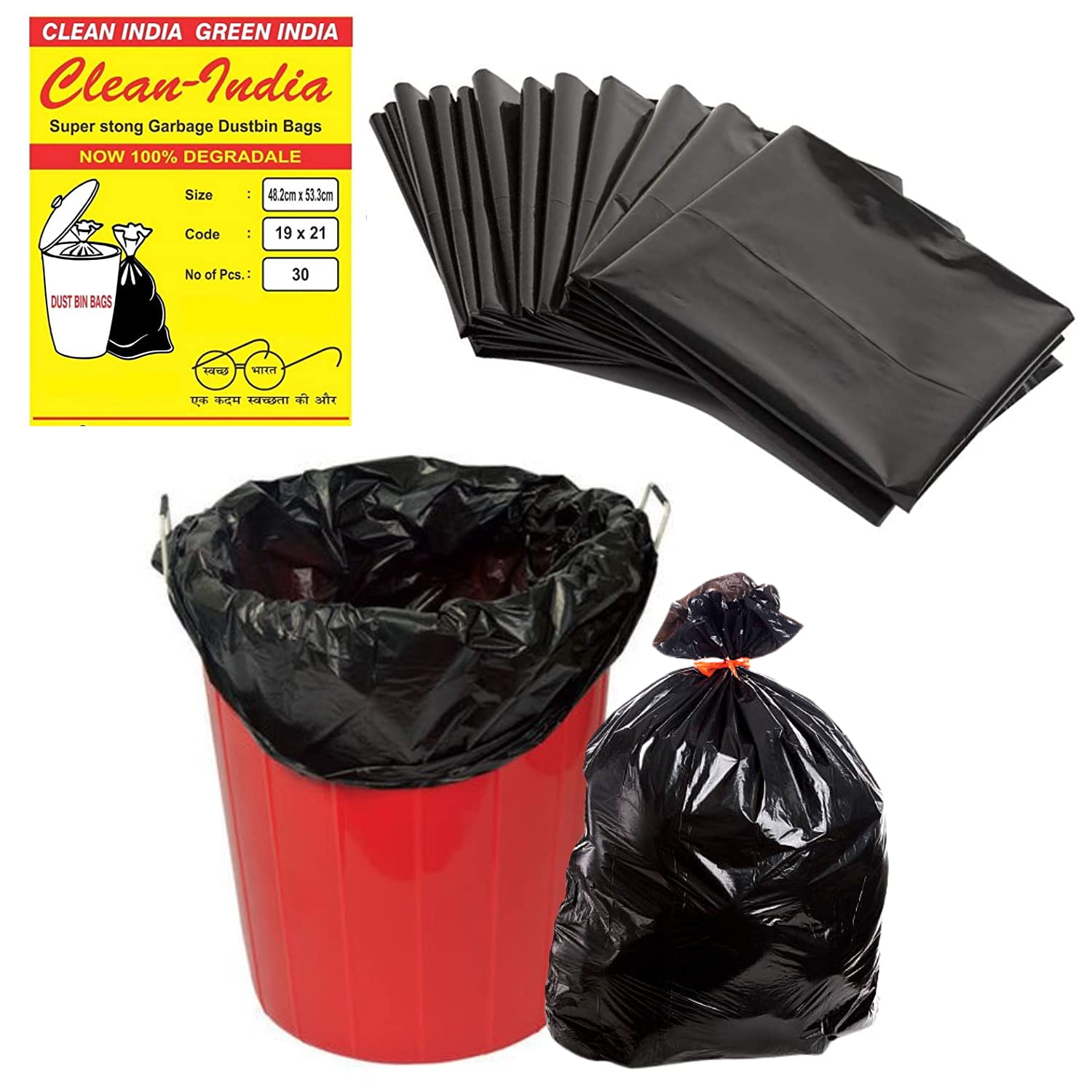 Clean India Garbage Bags Medium For Home 90 Count, Dustbin Bags, Recyclable Garbage Bag | Size 19 X 21 Inch (30 Pcs X 3) – Black | Dustbin Covers/Plastic Bag
