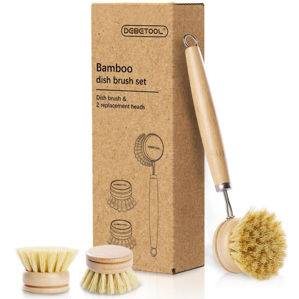 DEBETOOL Bamboo Pot Dish Brush,3 Pack Natural Wooden Scrub Brush with Sisal Fiber,Suitable for Dishes,Pans,Pot and Other Utensils-Sustainable,Kitchen Cleaning Brush with 2 Replacement Brush Heads