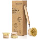 DEBETOOL Bamboo Pot Dish Brush,3 Pack Natural Wooden Scrub Brush with Sisal Fiber,Suitable for Dishes,Pans,Pot and Other Utensils-Sustainable,Kitchen Cleaning Brush with 2 Replacement Brush Heads