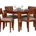 Driftingwood Maharaja Solid Sheesham Wood Dining Table 4 Seater | Wooden Four Seater Dinning Table With Cushion Chairs | Dinner Table 4 Seater | Dining Room Set Furniture | Self Assembly, Honey Finish