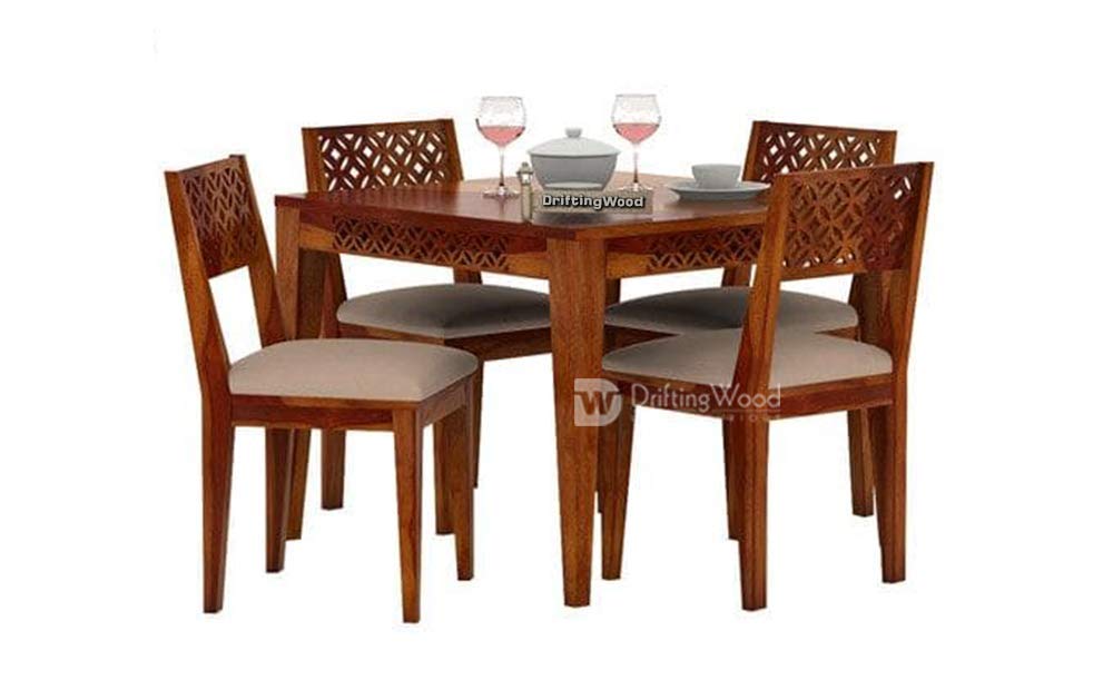 Driftingwood Maharaja Solid Sheesham Wood Dining Table 4 Seater | Wooden Four Seater Dinning Table With Cushion Chairs | Dinner Table 4 Seater | Dining Room Set Furniture | Self Assembly, Honey Finish