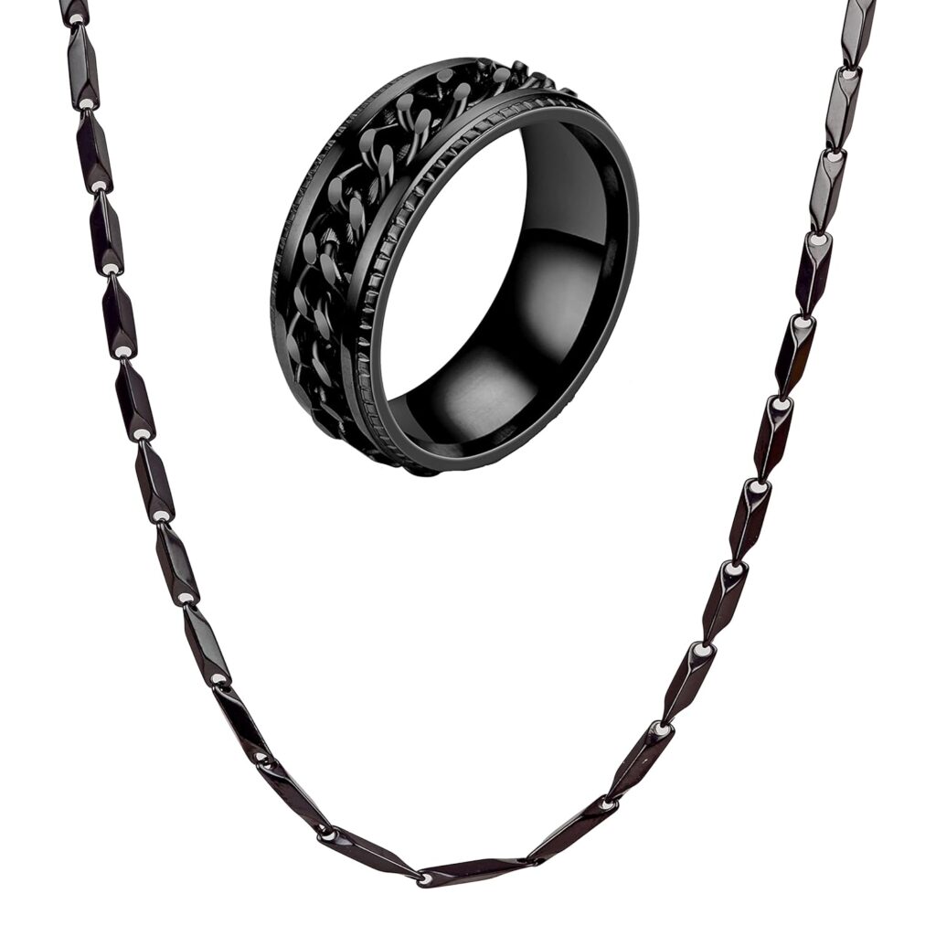 Fashion Frill Mens Jewellery Black Silver Chain For Men Stainless Steel Rice Chain Silver Chain For Men Boys With Ratable Ring Chain For Men Boys Valentine Gift For Boyfriend