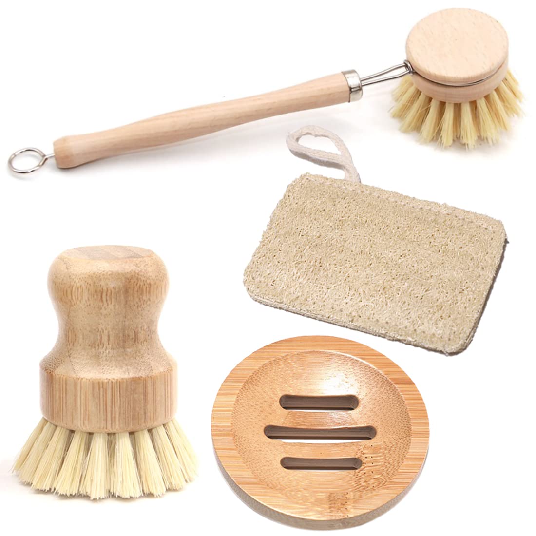 Natural Kitchen Cleaning Brush Set, 4 Pieces, Long Wooden Scrub Brush + Round Bamboo Brush + Soap Dish + Loofah Cleaning Cloths Set, Palm Scrub Natural Bristle Brush for Cast Iron Pan Pot Dish Washing