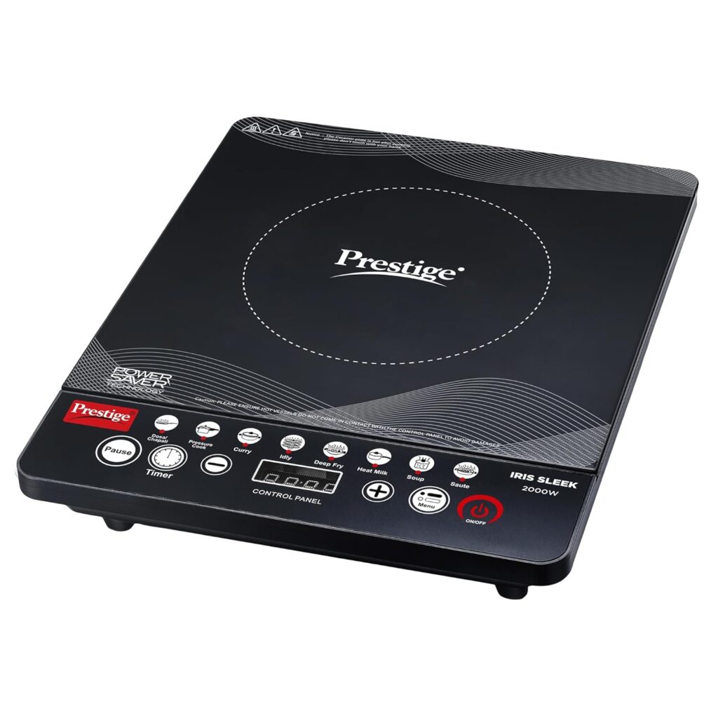 Prestige 2000 Watts IRIS Sleek Induction Cooktop| High Voltage Surge Protection| Indian Menu Options| Automatic Voltage Regulator| Feather Touch Button| Black
