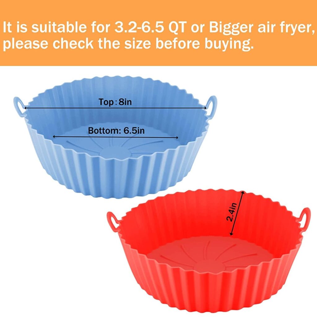 RUCON® Air Fryer Silicon Tray Liners I Round Silicone Basket Baking Tray I Pot with Ear Handles I Nonstick Reusable Heat Resistant I Cooking Oven Fryer – Multicolor (8 inch, Pack of 2)