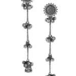 Rubans Oxidised Collection Silver Plated Flower Detailing & Ghungroo Beaded Contemporary Shoulder Duster Drop Earrings for Women & Girls, Ideal for Festive & Special Occasions