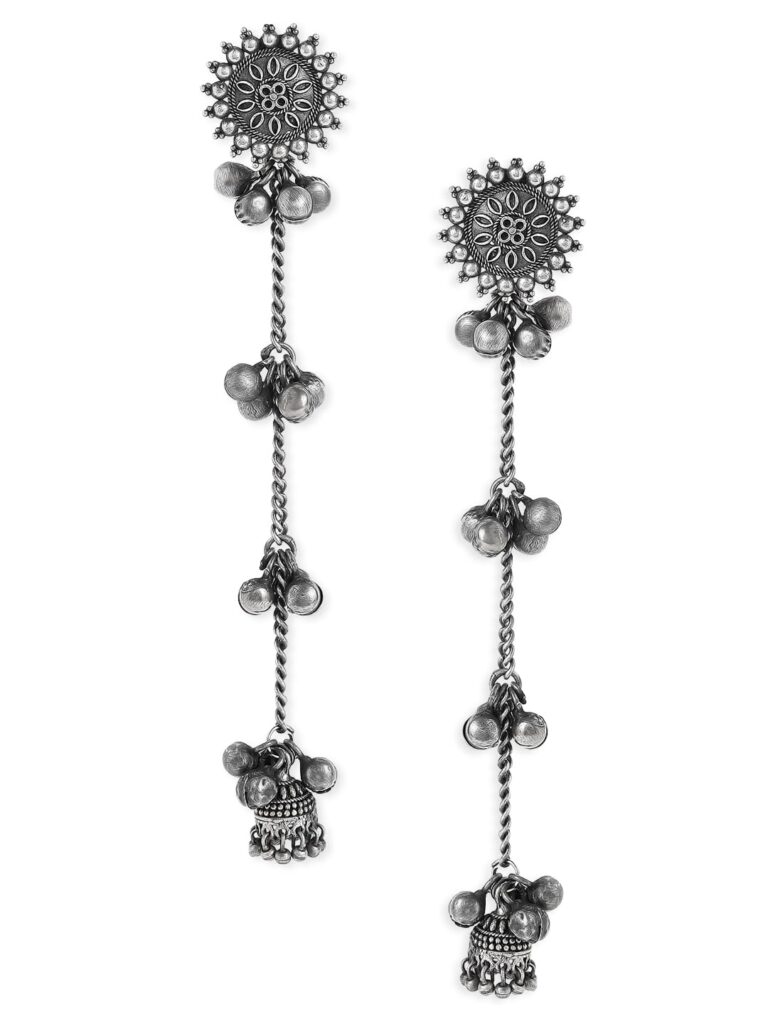 Rubans Oxidised Collection Silver Plated Flower Detailing & Ghungroo Beaded Contemporary Shoulder Duster Drop Earrings for Women & Girls, Ideal for Festive & Special Occasions Rubans Oxidised Collection Silver Plated Flower Detailing & Ghungroo Beaded Contemporary Shoulder Duster Drop Earrings for Women & Girls, Ideal for Festive & Special Occasions
