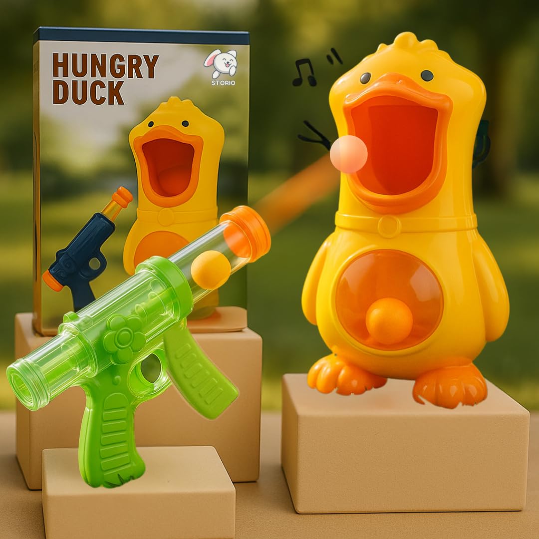 Storio Hungry Duck Feeding Toy with Blaster Gun | Air-Powered Soft Ball Shooting Toy with Sound | Indoor Outdoor Fun Game for Kids 3+ Years | Interactive Learning Gift for Boys & Girls