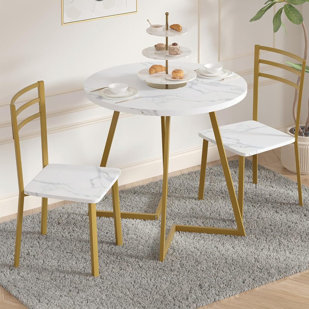 VECELO Small Round Dining Table Set for 2, Wood Tabletop with Strong Metal Frame, Modern Dinette with Chairs for Kitchen, Breakfast Nook Living Room, White and Gold