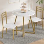 VECELO Small Round Dining Table Set for 2, Wood Tabletop with Strong Metal Frame, Modern Dinette with Chairs for Kitchen, Breakfast Nook Living Room, White and Gold