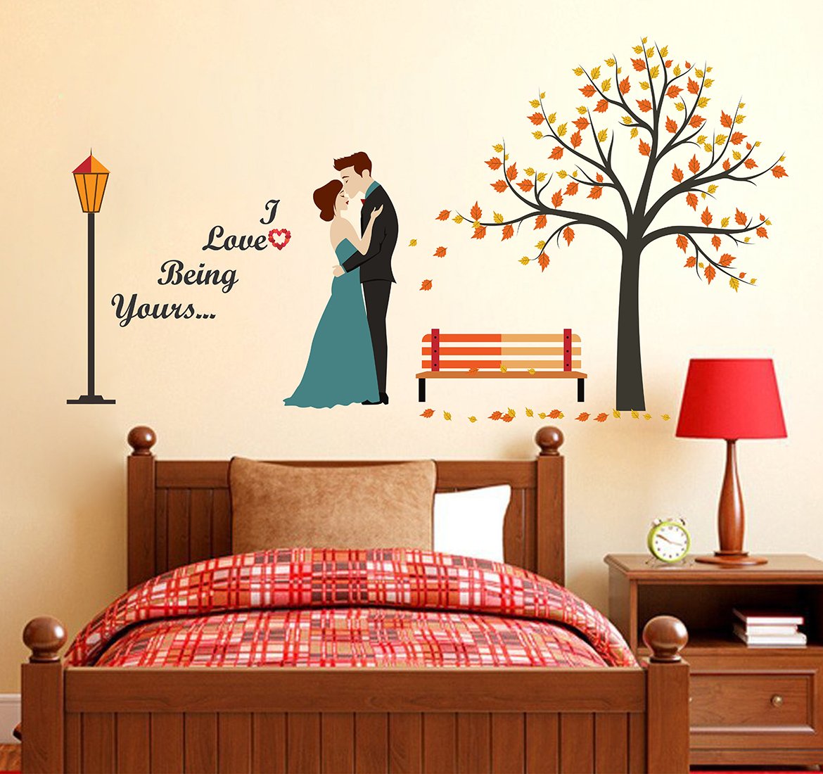 Wallstick ‘Romantic Couple Under The Heart – Leaves – Tree and Love Quote – Creative – Colorful – Wall Sticker’ (Vinyl 140 cm x 75cm)