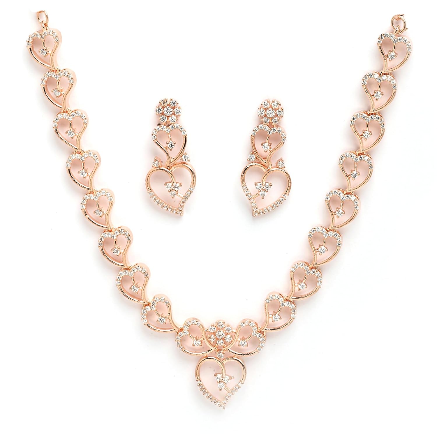 ZENEME Rose Gold Toned American Diamond Jewellery Set for Women | Fancy Jewellery | Designer Drop Rose Gold-Plated Floral Earrings & Necklace for Women & Girls