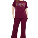 ZEYO Women’s Cotton Lycra Typography Wide Bottom Night Suit Set of Top & Pajama Set