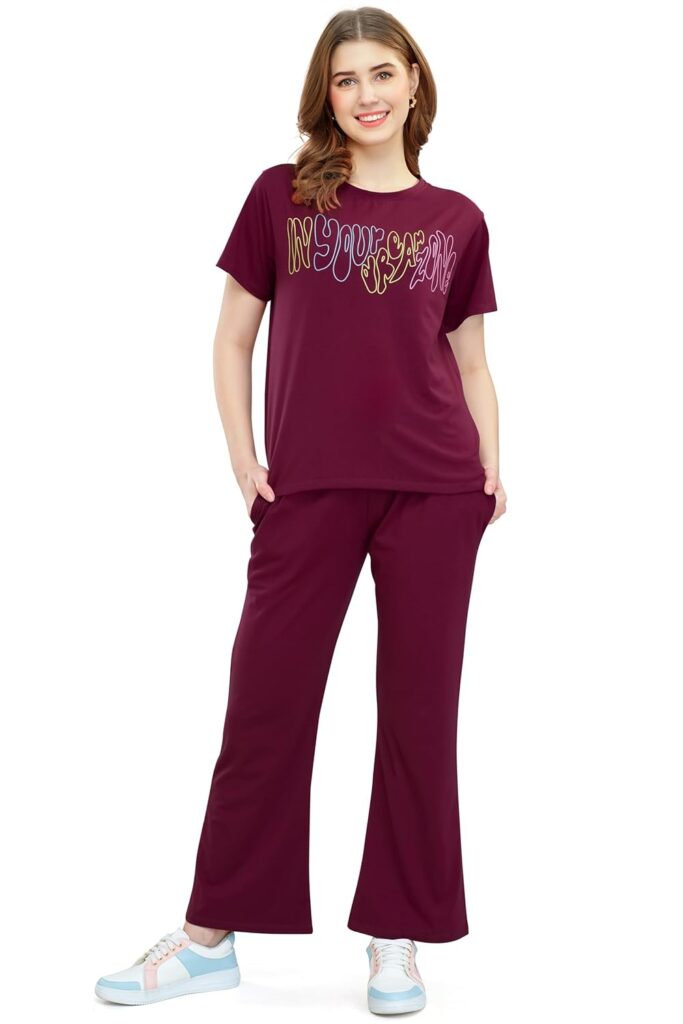 ZEYO Women’s Cotton Lycra Typography Wide Bottom Night Suit Set of Top & Pajama Set