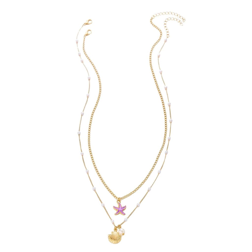 Zytiqt 2 Pieces Layered Necklace for Women, Purple Starfish Pendant Necklace, Long Chain with Pendant for Women, Pearl Chain, Necklace Stylish,Long Necklace,Suitable for Lady and Girls